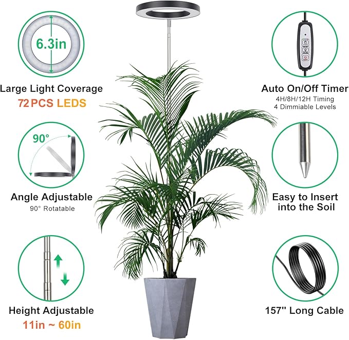 LORDEM Black Full Spectrum LED Grow Light, 72 LEDs, 4 Brightness Settings, Auto On/Off Timer, Height Adjustable, Ideal for Large Plants