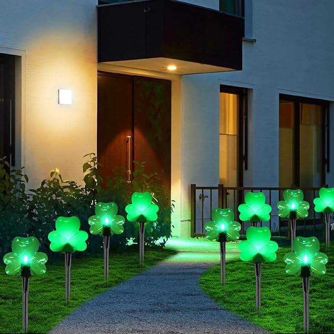 2*4 Pack LED St. Patricks Shamrock Pathway Lights for St. Patricks Day Decorations, Green Lucky Clover Pathway Stake Lights Outdoor Waterproof, UL Certified for Lawn Yard Walkway Irish Decor, Plug In