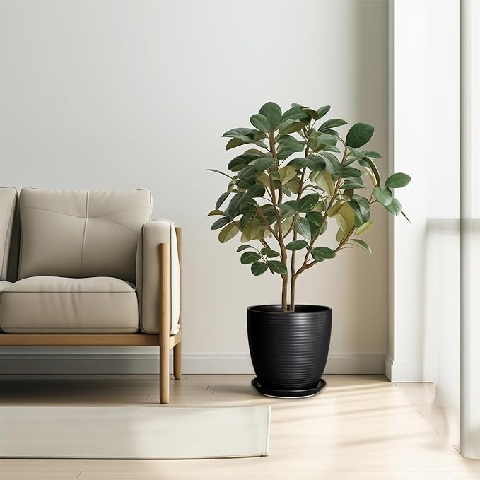 Ceramic Plant Pot 10 Inch - Large Planter Pots for Plants Indoor Outdoor Glazed Round Flower Pot with Drainage Hole and Saucer Black