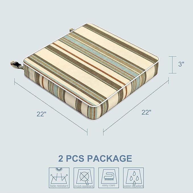 LVTXIII Patio Chair Cushions 22"x22"x3", Water-Repellent Outdoor Seat Cushions for Patio Furniture, Square Chair Pads with Ties for Home Garden Decoration, Set of 2, Stripe Onyx