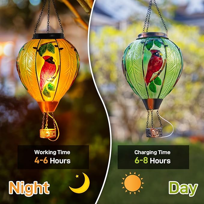 Large Hot Air Balloon Cardinal Solar Lantern Lights with Flame, Green Glass Balloon Lantern Waterproof Outdoor Decor for Garden Yard Patio, Birthday Mother's Day Gifts for Moms Women