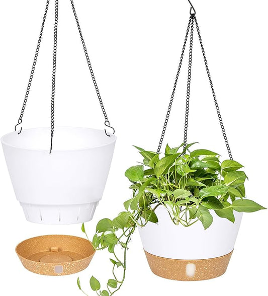 QCQHDU 2 Pack Hanging Planters for Indoor Outdoor Plants, 10 Inch Hanging Baskets Flower Pots with Reservoir Tray & Visible Water-Level