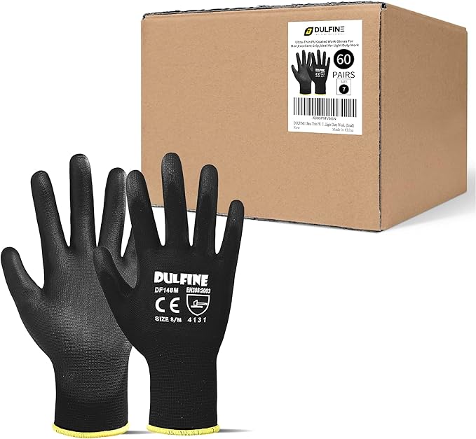 DULFINE Ultra-Thin PU Coated Work Gloves-60 Pairs,Excellent Grip,Nylon Shell Black Polyurethane Coated Safety Work Gloves, Knit Wrist Cuff,Ideal for Light Duty Work. (XX-Large)