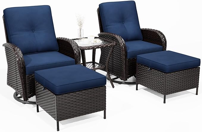 Joyside 5 Piece Patio Furniture Set, Outdoor Swivel Chair Sets with Thick Cushion and Ottoman, Wicker Patio Conversation Set for Porch, Deck Use (Brown/Blue, 5 PCS)