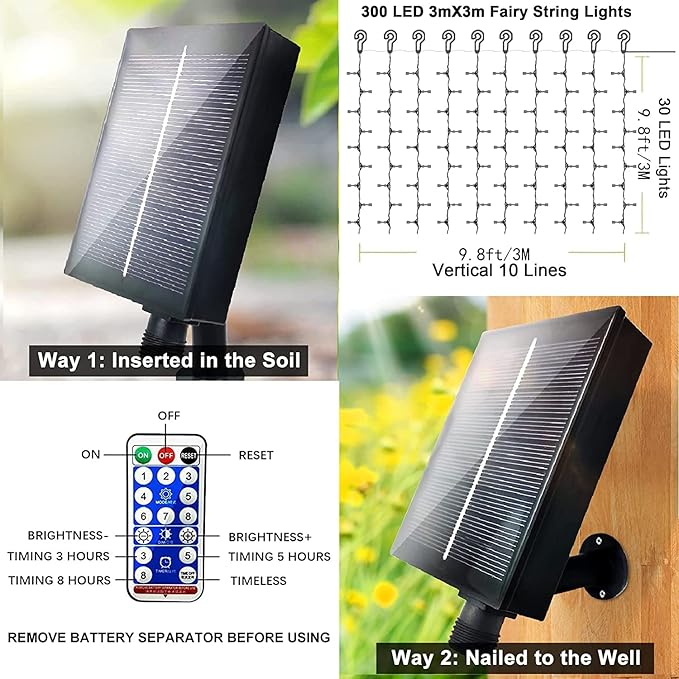 Upgraded Solar Curtain Lights Remote Control, Outdoor Garden Lights 300 LED 8 Modes Remote Control Waterproof Solar Waterfall Fairy String Lights Decoration for Patio Garden Party Wedding (Cool White)