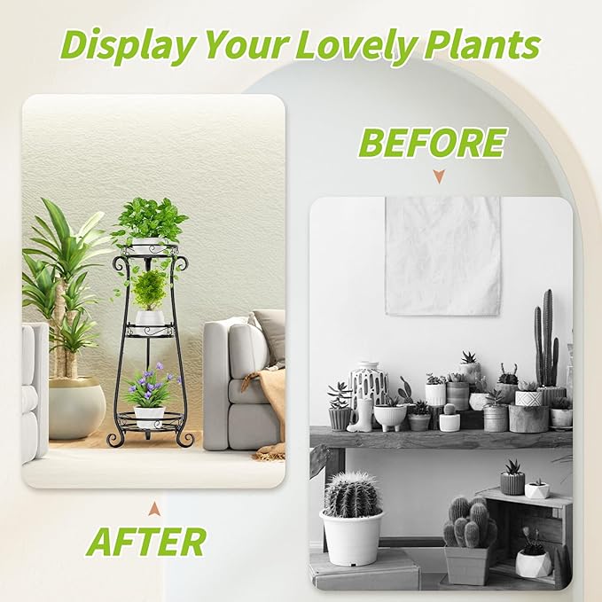 KMOTASUO 3 Tier Metal Plant Stand Indoor, 34 Inch Tall Corner Plant Stands for Indoor Plants, Flower Pot Holder Shelf Display Rack for Balcony Garden Patio Living Room(Black)