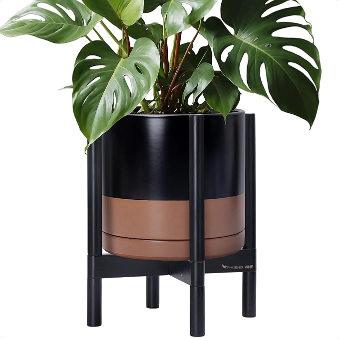 D'vine Dev Ceramic Planter with Ebony Stand - 12 Inch Modern Round Flower Pot with Wood Planter Holder, Black/Speckled Tan, 55-B-H-7