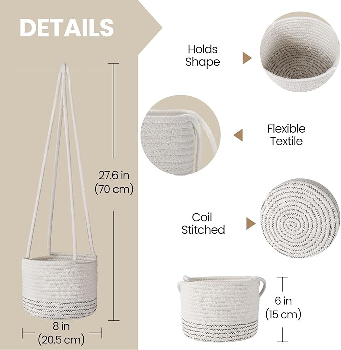 Flexzion Hanging Plant Basket Boho Cotton Rope Basket Indoor Hanging Planter, Up to 7" Flower Pot, Macrame Woven Modern Plant Holder, Storage Bin Organizer, Home Decor with 20" Hanging Rope, White