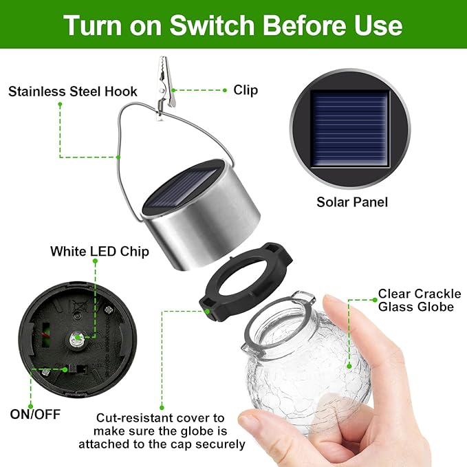 PARTPHONER 12 Pack Hanging Solar Lights Outdoor, Waterproof Solar Globe Lantern with Handle and Clip, Decorative Cracked Glass Ball Lights for Christmas Decor, Tree, Yard, Garden, Patio (Cold White)