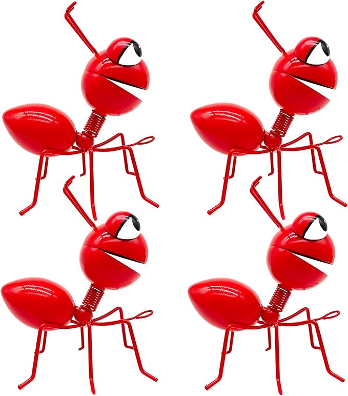 Metal Yard Art Garden Decor Cute Ant Outdoor Wall Sculptures Patio Lawn Ornament Fence Decoraions - Set of 4 Red