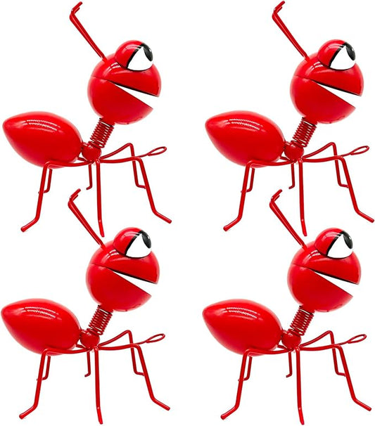 Metal Yard Art Garden Decor Cute Ant Outdoor Wall Sculptures Patio Lawn Ornament Fence Decoraions - Set of 4 Red