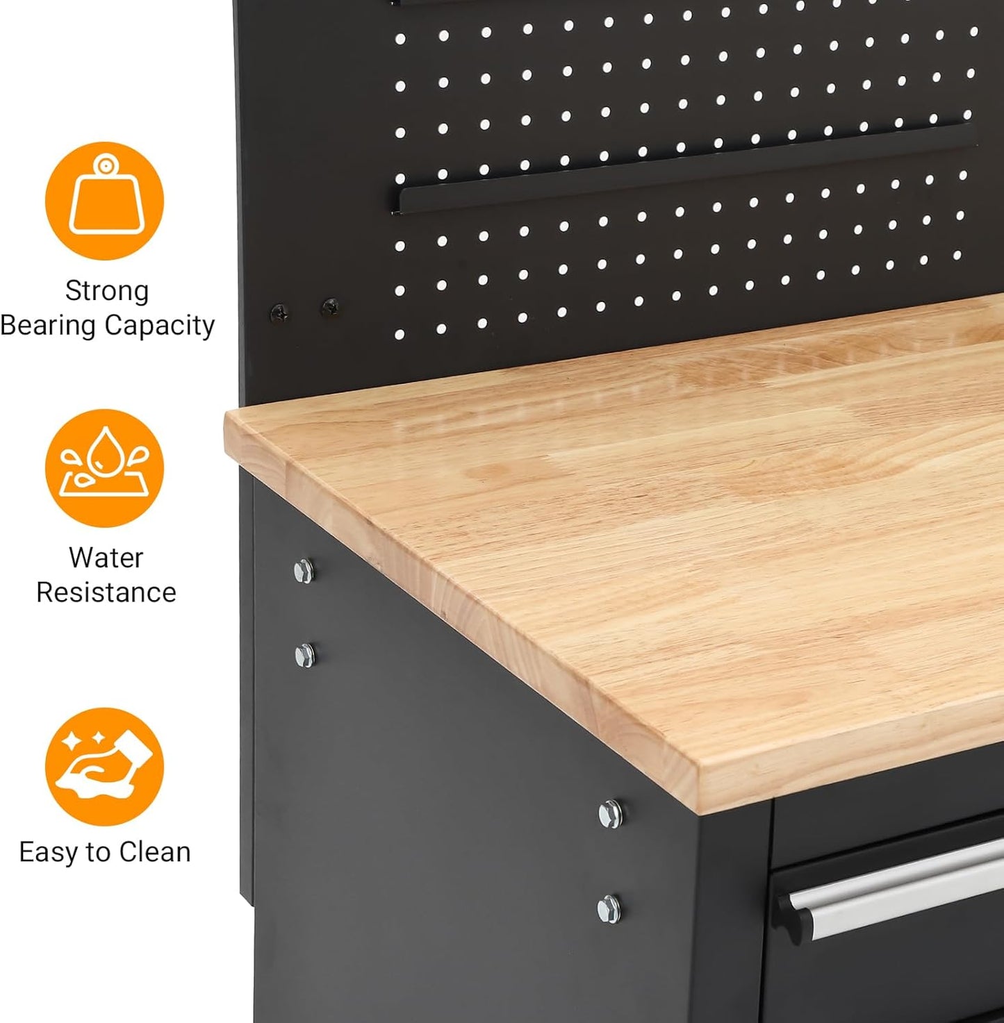 Heavy Duty 61" Tool Chest Cabinet, Mobile Garage Workbench with 10 Drawers and Power Strip, Rubber Wood Worktop, 1675 LBS Load, Rolling Tool Storage Organizer for Mechanic, Shop or Home Use