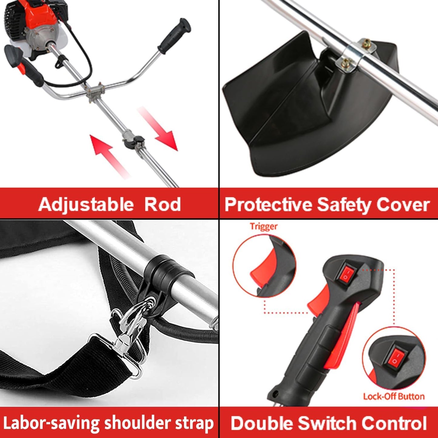 COOCHEER Brush Cutter Gas Powered 58cc, 4 in 1 Weed Wacker, 2-Cycle String Trimmers Gas Brush Cutter Straight Shaft Gas Grass Trimmer for Lawn and Garden Care Trimming, Red