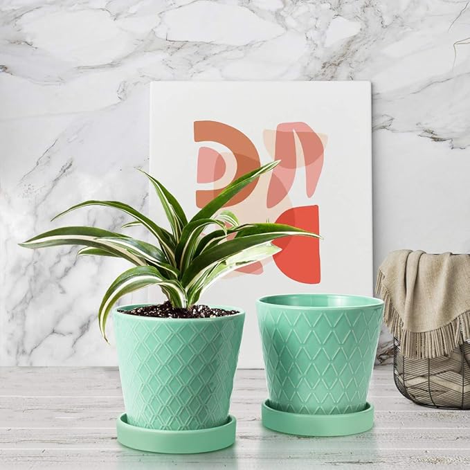 Plant Pots Indoor –5 in Ceramic Flower Pot with Drainage Hole and Ceramic Tray - Gardening Home Desktop Office Windowsill Decoration Gift, Set of 4 - Plants Not Included(Mint Green)