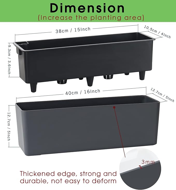 GardenBasix Elongated Self Watering Planter Pots 2-Pack Window Box 5.5 x 16 inch Indoor Home Garden Modern Decorative Pot for All House Plants Flowers Herbs (Dark Grey,2)