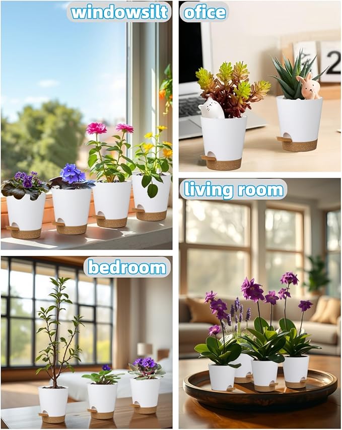 12 Pack 4 Inch Self Watering Plant Pots with Drainage and Saucers，Plastic Flower Pots for Indoor and Outdoor Plants, Nursery Planters for Houseplants and Herbs White Brown, 4 inch 12pcs