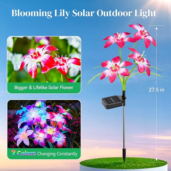 Solar Garden Lights Outdoor, 8 Pack Blooming Lily Solar Flowers Outdoor Waterproof, 7 Color Changing Bigger Flower Lights for Yard Patio Decor, Gift for Mom