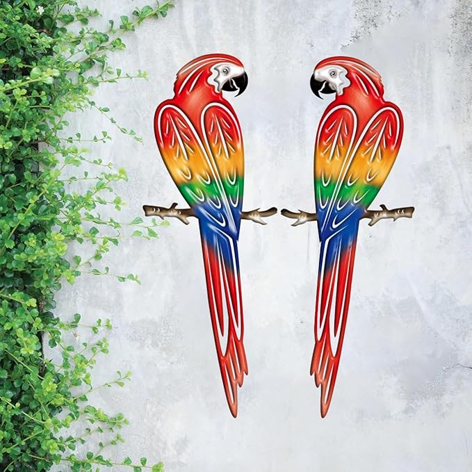 Metal Outdoor Wall Art Decor,3D Colorful Garden Birds Sculpture Outdoor Iron Hanging Parrot Decor, Metal Hand-Made Bird Wall Art Decorations for Fence Patio Balcony Living Room