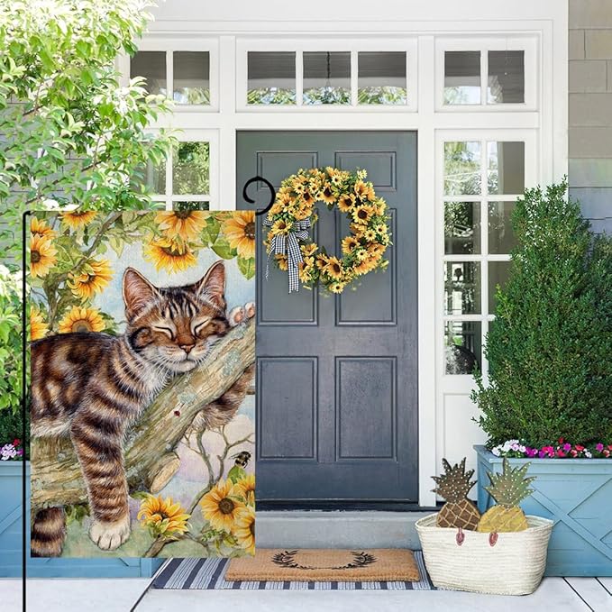 BLKWHT Summer Cat Garden Flag 12x18 Inches Double Sided for Outside, Sunflower Burlap Small Seasonal Yard Flag for Outdoor Decor BW640