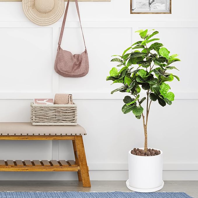 Plant Pots 10 Inch Ceramic Planter with Drainage Hole and Saucer, Matte White Modern Cylinder Planter Pot for Indoor Outdoor Plants Flowers, Full Glazed Finish