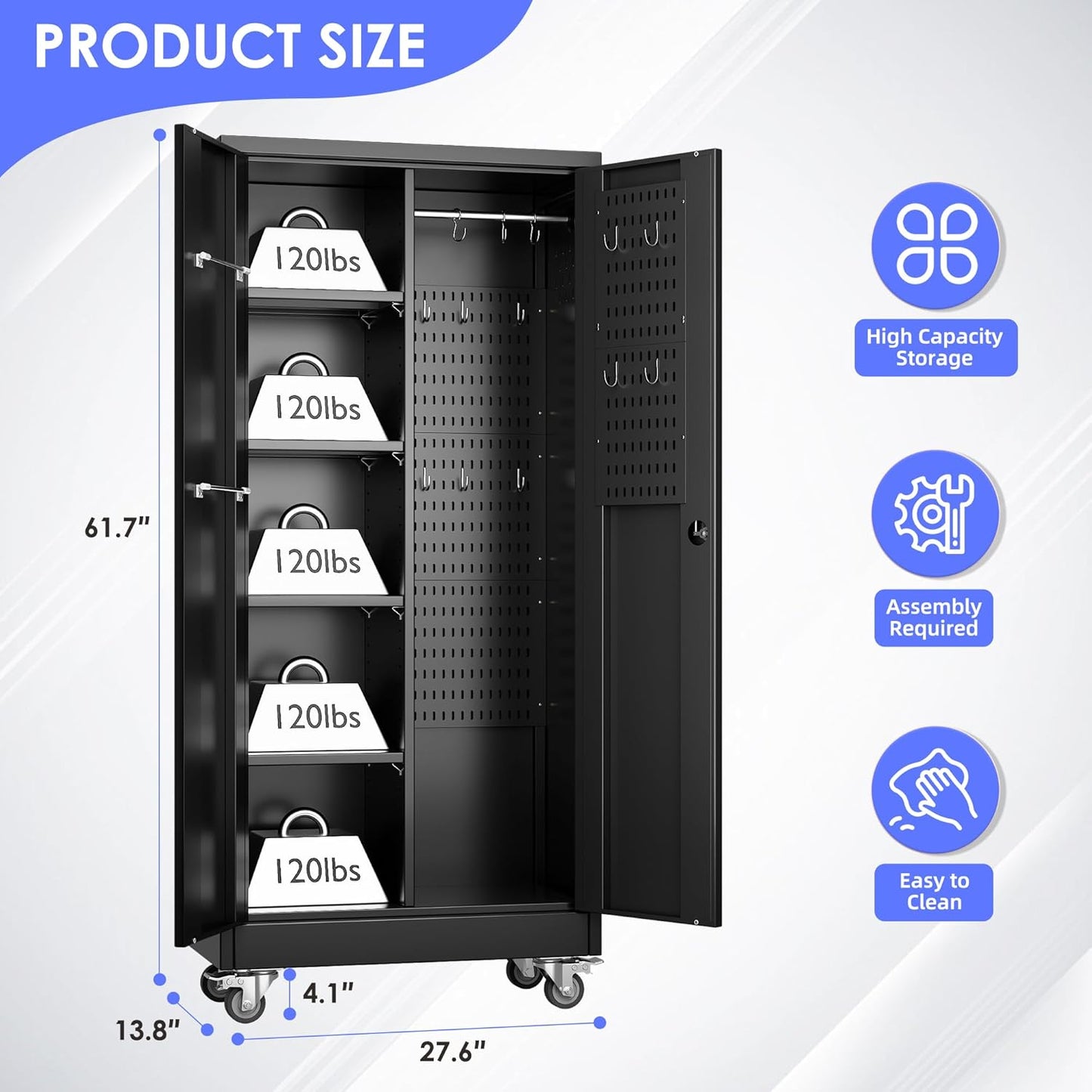 Garage Storage Cabinet with Wheels, 61.7" H Broom Closet Storage Cabinet with Hanging Rod, 5 Pegboard and 13 Hooks, Metal Cabinets with Locking Doors and 4 Shelves, Black