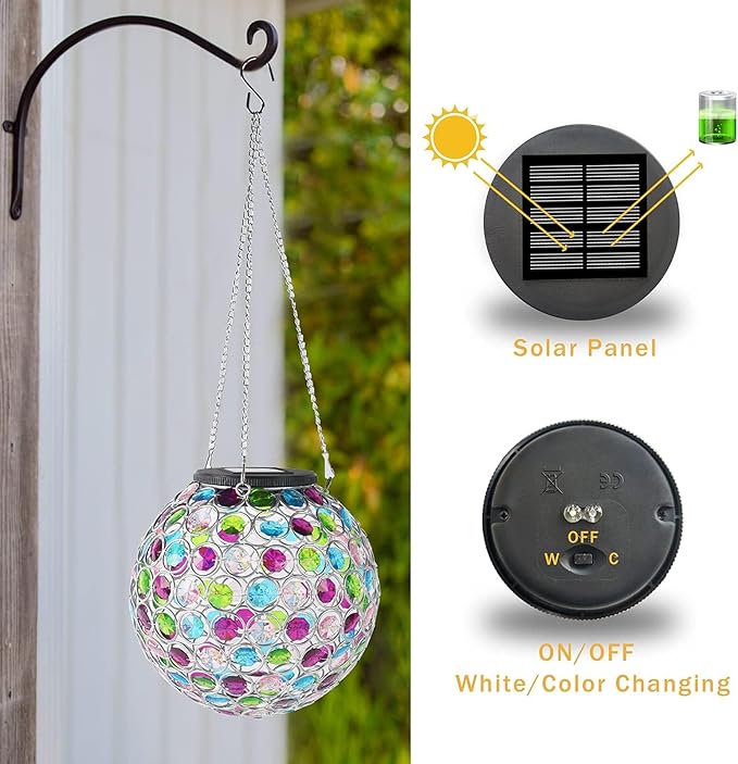 Solar Lantern Hanging Outdoor Christmas Decorative, Dual LEDs Color Changing and Cool White Crystal Globe Lamp Hanging Light Waterproof with S Hook Decor in Garden, Pathway, Front Door- Multi Color