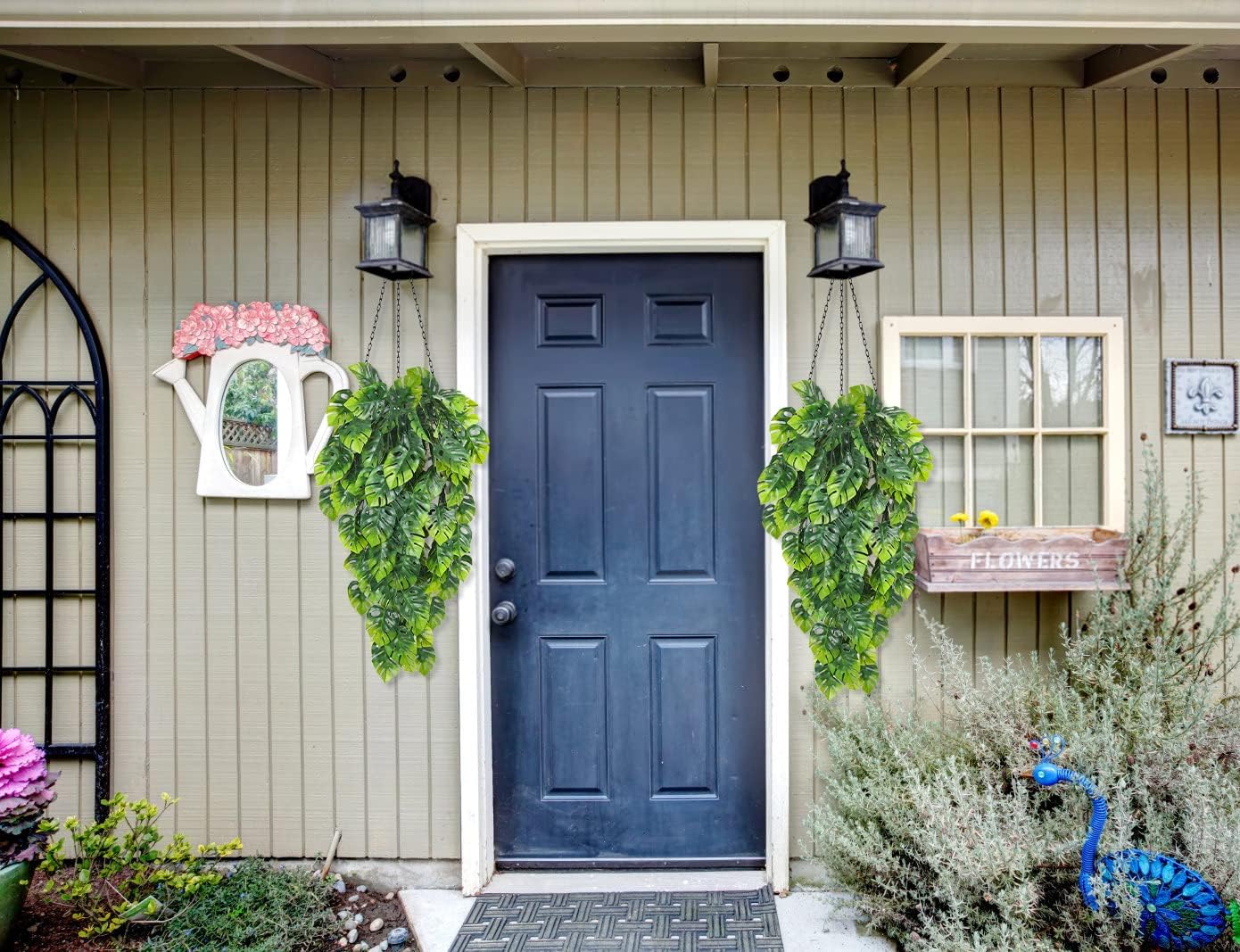 RECUTMS Artificial Hanging Plants 2 Pack, Fake Monstera Leaves Ivy Vine Faux Greenery UV Resistant Outdoor Tropical Palm Leaf Plant for Garden Home Jungle Hawaiian Luau Party Spring Summer Décor