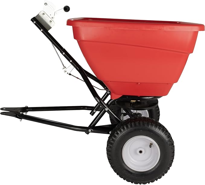 EarthWay Products T150 150lb Towable Broadcast Fertilizer Spreader, Seed Spreader, Pull Behind Aerator/Seeder for Garden Tractor, Easy Flow Control, Adjustable, Non-Skid Tires