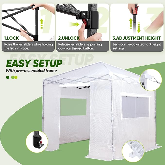 EAGLE PEAK 8x8 Portable Walk-in Greenhouse, Pop-up Indoor Outdoor Garden Green House, Zippered Doors and Windows, PE Cover, White