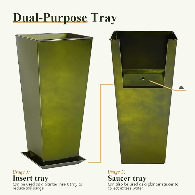 WORTH Garden 28" Large Metal Glazed Planter Set of 2, Luxurious Glossy Finish Green Tall Square Tapered Steel Plant Pots, Decor Flower Pot Indoor & Outdoor, Drainage Hole & Dual-Purpose Plant Saucer