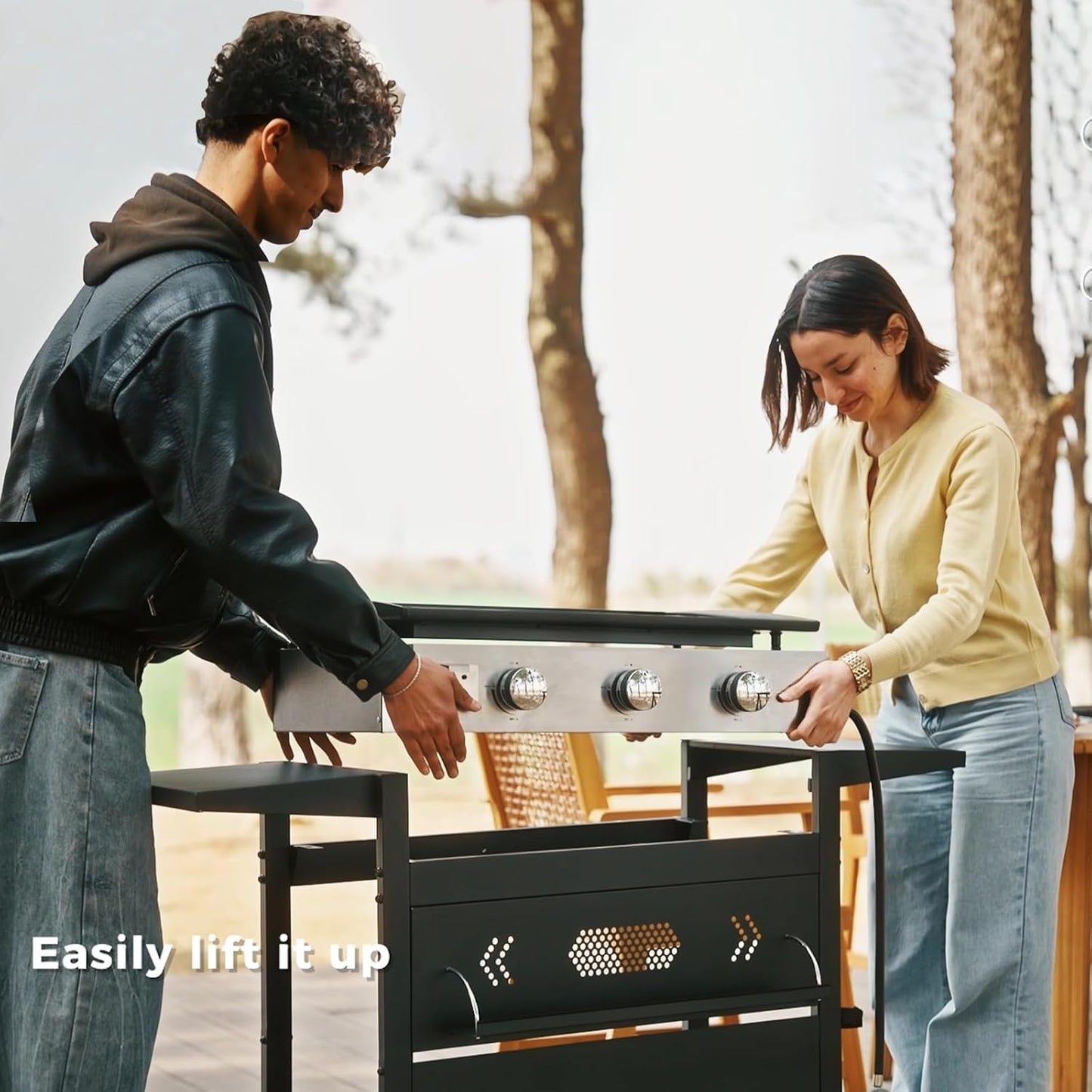 GREEN PARTY 3 Burner Propane Gas Griddle with Removable Standing Cart, Convertible to Tabletop Design, 27 inch Flat Top Grill for Outdoor Cooking Camping Tailgating Barbecue