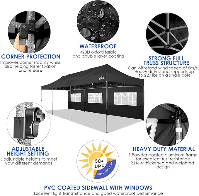COBIZI 10x30 Pop up Canopy Tent 10x30 Canopy with Sidewalls, Heavy Duty Party Tent Tents for Parties, Foldable UPF 50+ Waterproof Commercial Easy up Canopy with Roller Bag, Black(Windproof Upgraded)