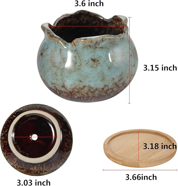 Laerjin Succulent Pots, 4 Inch Ceramic Plant Pots and Drainage Hole with Bamboo Tray, Colorful Flower Planter Pot, Pack of 6, Plants Not Included