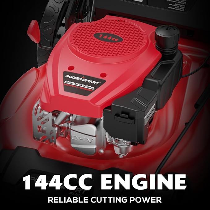 PowerSmart 21-inch Gas Push Lawn Mower, 144cc 4-Stroke Engine with Easy Adjustable Cutting Height, High Wheels, 2-in-1 with Mulch, Bag