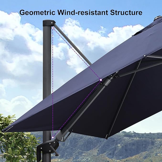 PURPLE LEAF 9.8' X 9.8' Tilting Patio Umbrella with Base Outdoor Cantilever Swivel Square Umbrella with Tilt Aluminum Offset Umbrella with 360-degree Rotation for Garden Deck Pool Patio Navy