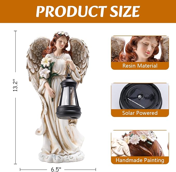 Solar Angel Outdoor Decor Garden Statues – 13.2 inches Angel Figurines Outdoor Sculptures with Solar Lantern for Outside Yard Art Patio Balcony Front Lawn Ornaments Gifts for Mom Grandma Women