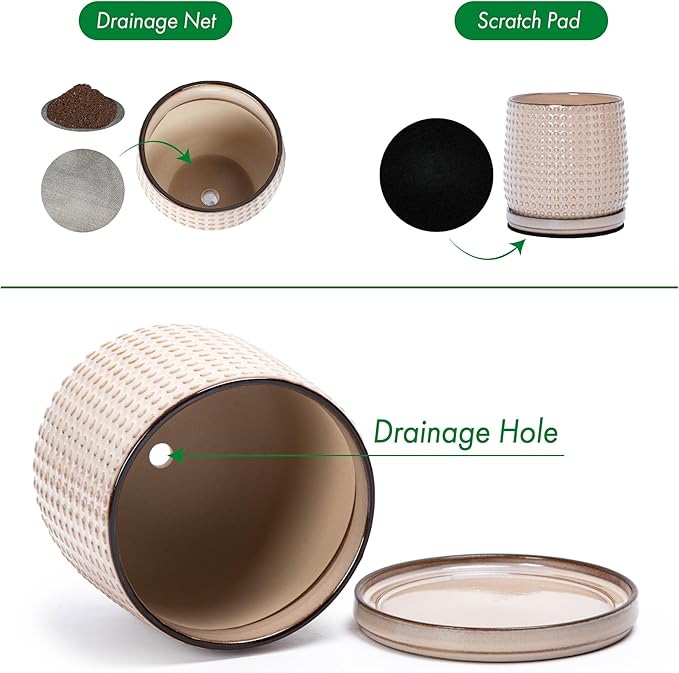 D'vine Dev 6 Inch Ceramic Beaded Stoneware Planter Pot - Flower Pot with Drainage Holes and Saucers for Indoor Succulent Plants or Flowers, Light Brown, 27-C-X-4