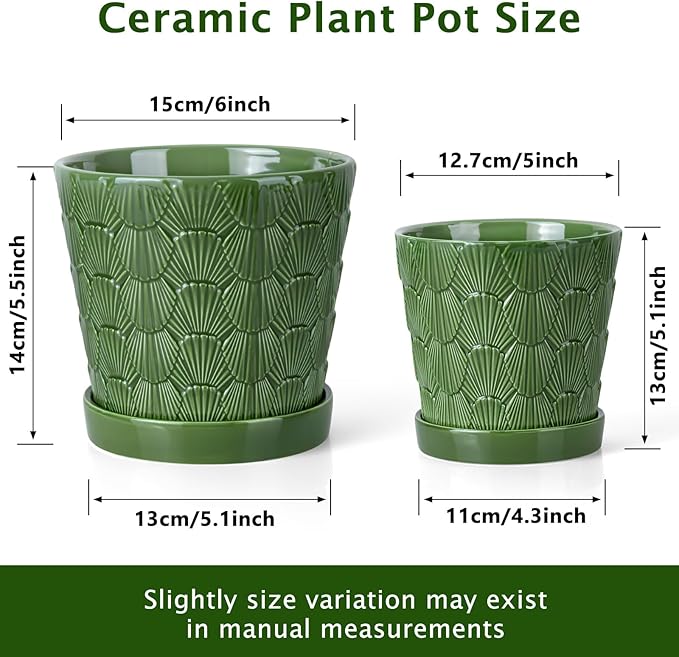 EFISPSS 5+6 Inch Plant Pot, Ceramic Pots for Plants with Drainage, Flower Pots Indoor Pots for Plants, Modern Flower Pots for Home and Office Windowsill Decoration Gift Set of 2 - Patina