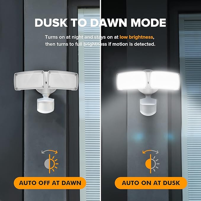 LUTEC 38W 3500 Lumen LED Motion Activated Integrated Dual-Head Floodlight Outdoor with Motion Sensor, 5000K Daylight, Dusk to Dawn, Exterior Security Wall Light for Patio, Garden, Yard(White)