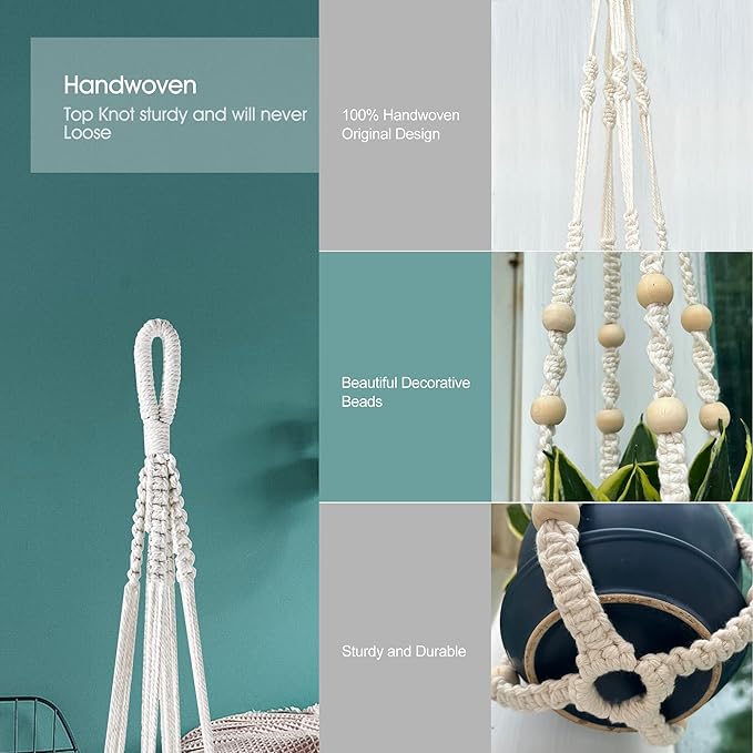 RIFNY Macrame Plant Hanger for 5 to 10 Inch Plant Pots, 35 Inch Indoor Handmade Woven Rope Hanger Kits with Hooks and Wood Beads, Hanging Planter Basket Holder for Boho Home Decor (White, 3 Pack)
