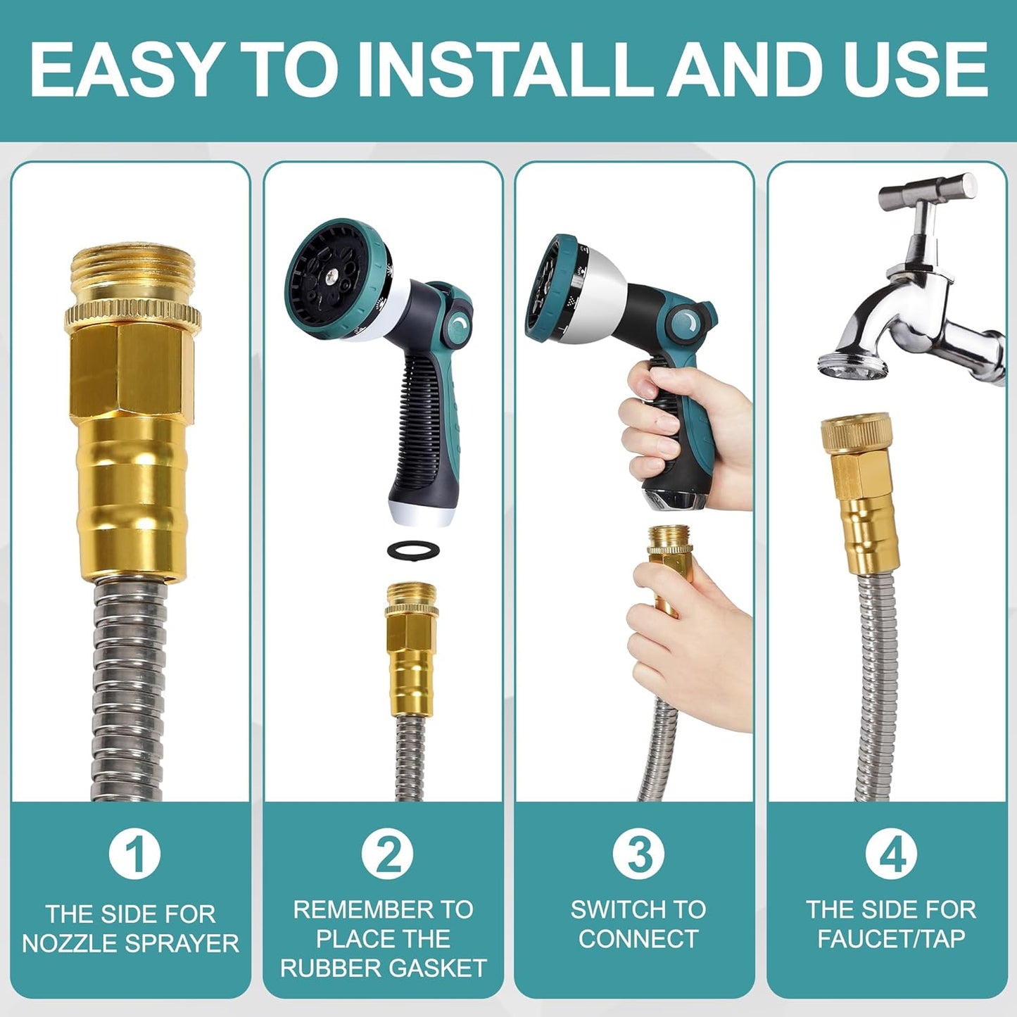 50FT 5/8'' Garden Hose, 304 Stainless Steel Water Hose, Flexible with a 10-Mode Nozzle Sprayer, No Kink, Lightweight, Puncture Proof Metal Hose, Ideal for Yard, Lawn, Outdoor