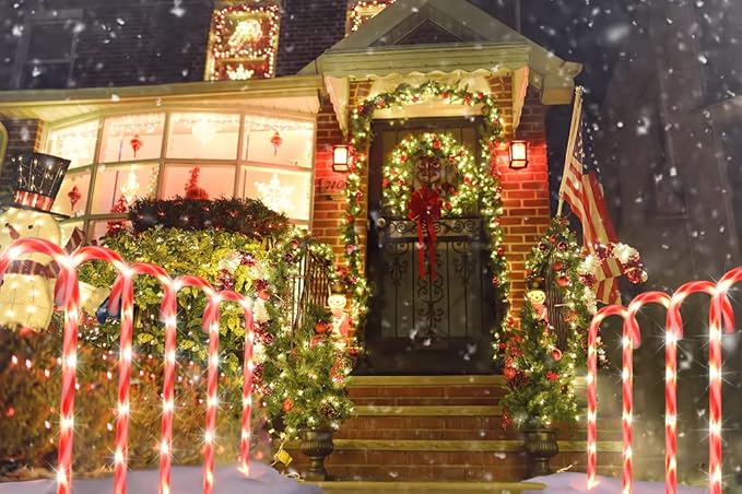 COOLWUFAN 28" Christmas Candy Cane Pathway Markers, Set of 12 Pack Christmas Outdoor Decorations Pathway Lights with 72 Warm Lights for Christmas Holiday Party Walkway Patio Garden Yard Lawn Decor