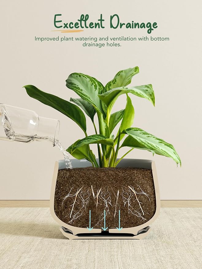 LE TAUCI Plant Pots for Indoor Plants, 4.1+5.1+6.5 inch, Set of 3, Ceramic Planters with Drainage Hole and Saucer, Indoor Flower Pot with Hole Mesh Pad, Gifts for Mom, Reactive Glaze Blue Gray