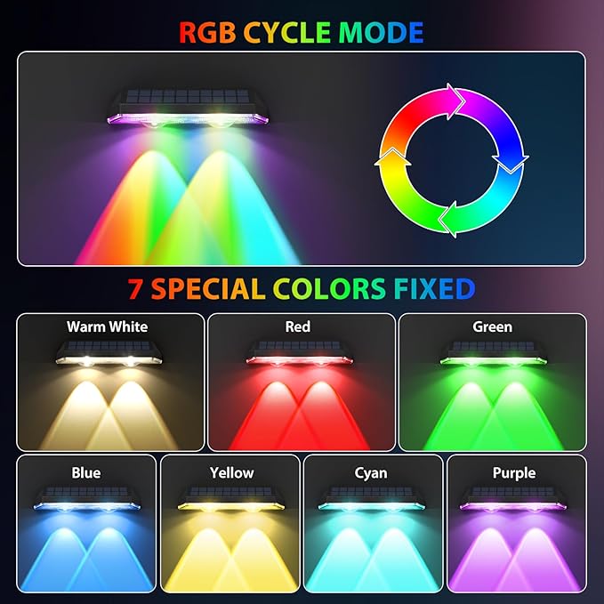 Solar Fence Lights ,RGB & Warm White & 6 Colors Bright Lens LED Dusk to Dawn Deck Light, Fence Solar Lights Outdoor Waterproof, Solar Outdoor Lights for Backyard/Railing/Wall/Step/Patio/Pool (4Pack)