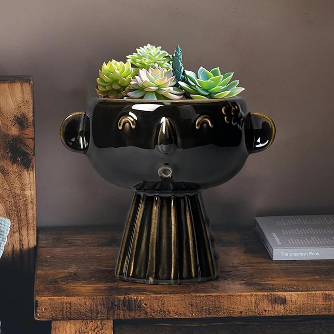 Head Planter 7 Inch - Ceramic Face Planters with Drainage Hole, Funny Succulent Pots for Indoor Outdoor, Cute Decorative Plant Pot, Desk Office Room Home Decor, Black