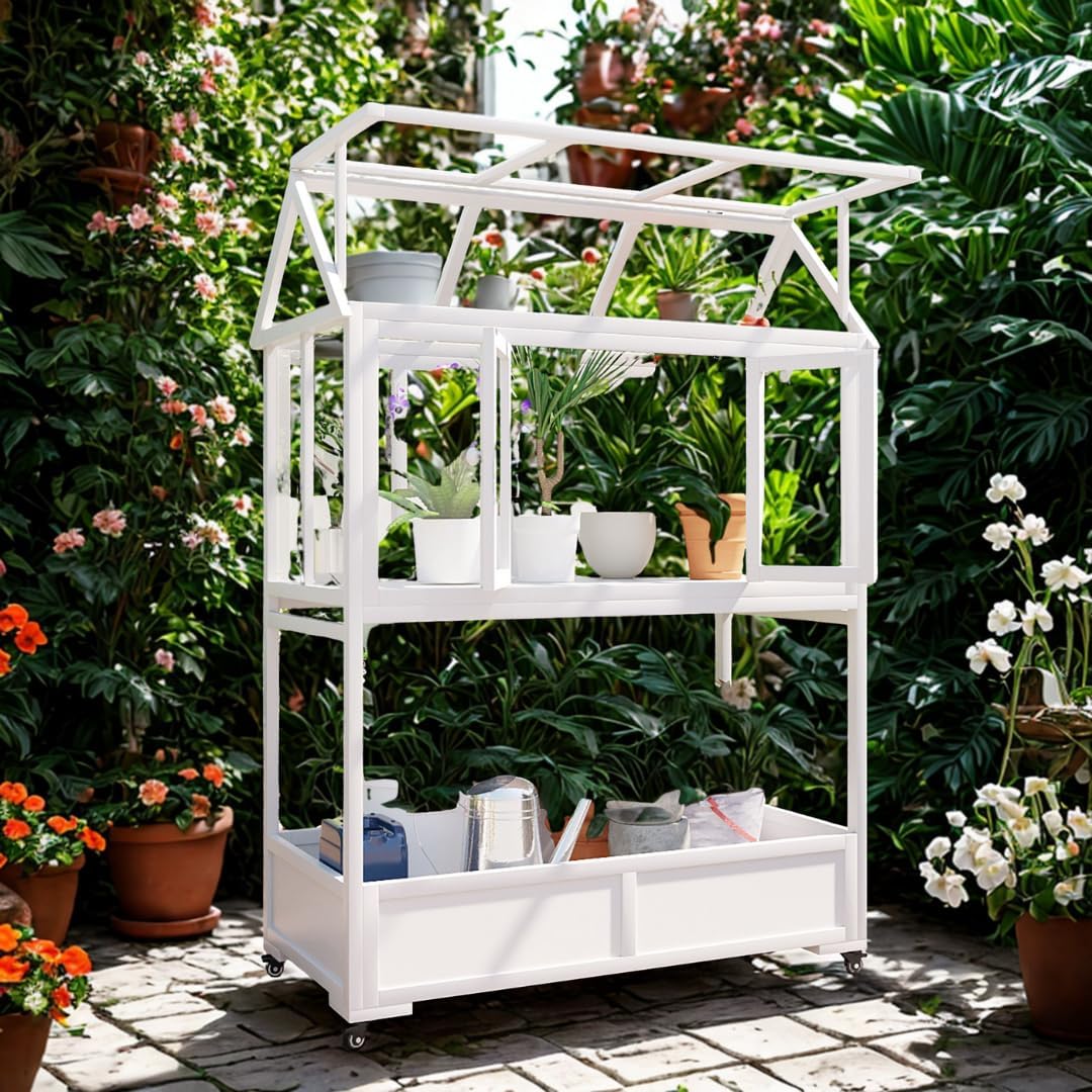 Portable Wooden Cold Frame Greenhouse with Wheels - 47" Mini Greenhouse with Adjustable Roof, Storage Box & Polycarbonate Panels - Plant Protector for Seedlings, Herbs & Winter Gardening (White)