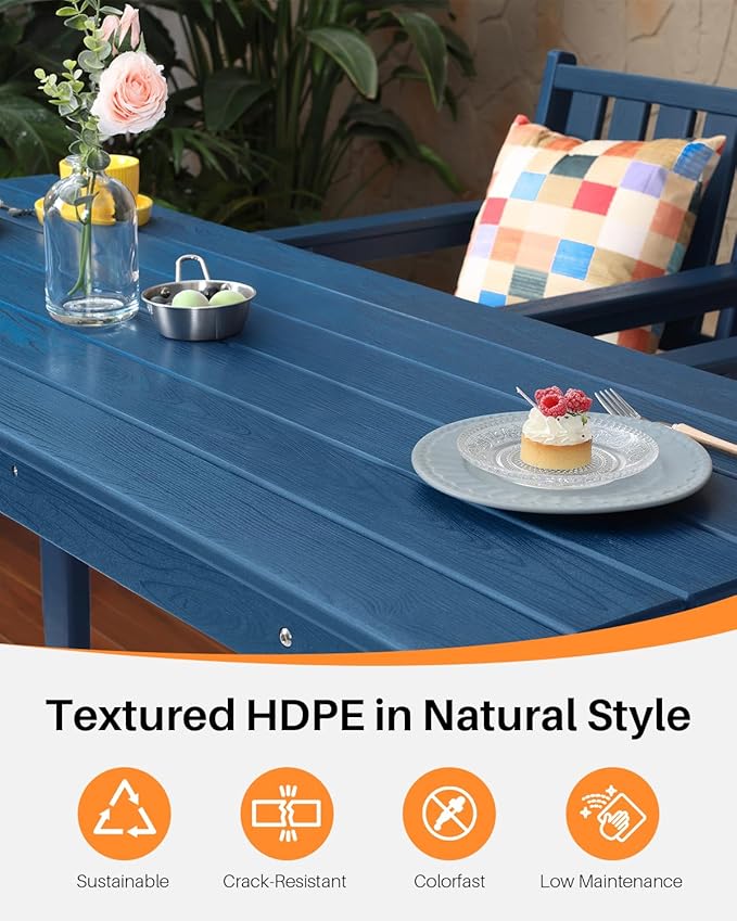 3 Pieces HDPE Outdoor Patio Bar Set, Rectangular Outdoor Bar Height Table and Chairs Set, Adirondack Patio Bar Stools Set, Outdoor Bar Table and Chairs Set for Balcony, Poolside, Porch, Navy