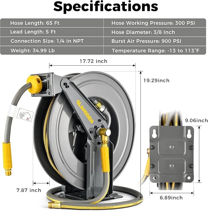 Double Arm Retractable Air Hose Reel, 3/8 in × 65 ft Hybrid Hose Heavy Duty Steel Professional Air Compressor Hose Reel with 5 ft Lead in Max 300PSI Auto Rewind Quick Coupler Swivel Fitting