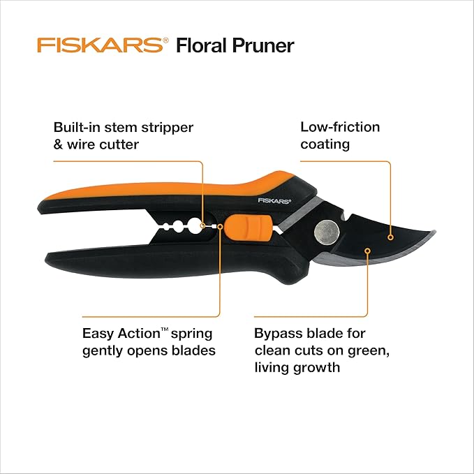 Fiskars Floral Pruning Shears - Plant Cutting Scissors/Garden Clippers For Deadheading and Working with Flowers - Black/Orange
