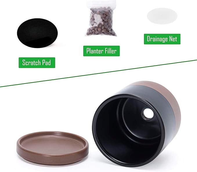 D'vine Dev Set of 2 Plants Pots, 3.5 Inch Ceramic Planter Pot for Plants with Drainage Hole and Saucer, Black/Speckled Tan, 94-V-A-7